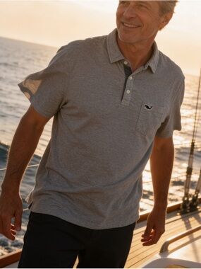 Vineyard Vines Men's Light Heather Gray/blue Polo with Contrast Placket size L